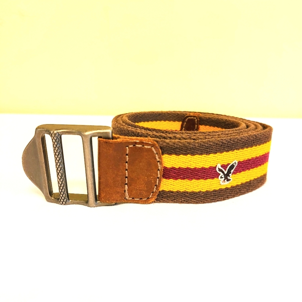 5/$30 American Eagle Brown/Yellow/Maroon Striped Cloth Adjustable Belt 45 Inches